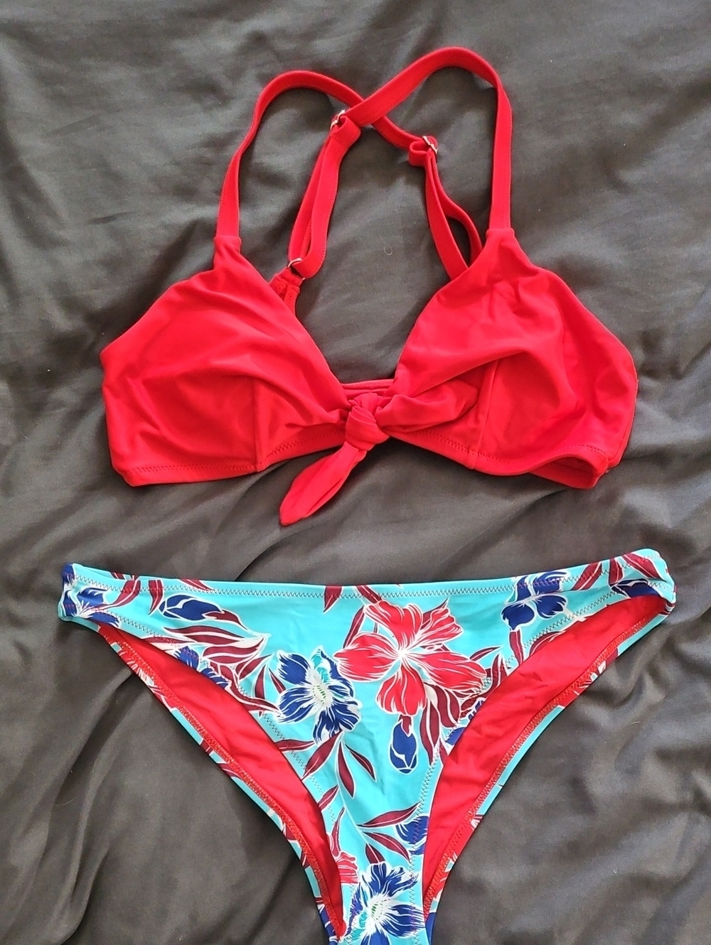 Cupshe Red Bikini Top with Turquoise Floral Bikini Bottoms
